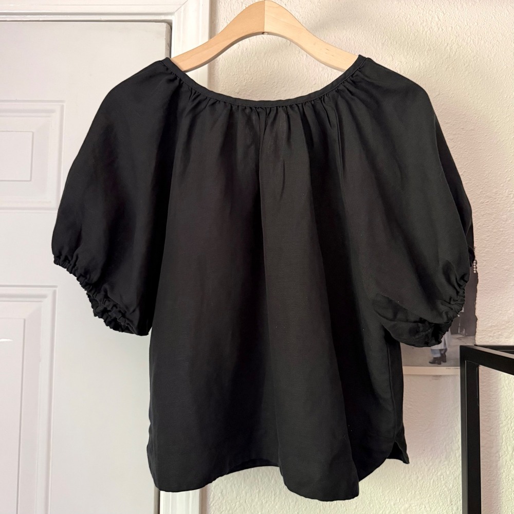 MARINE LAYER black linen tencel puff short sleeve cropped blouse top